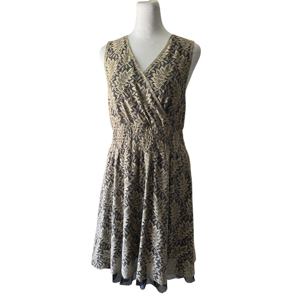 Vintage Y2K Ultra Pink Beige & Black Lace V-Neck Sleeveless Stretchy Mini Dress